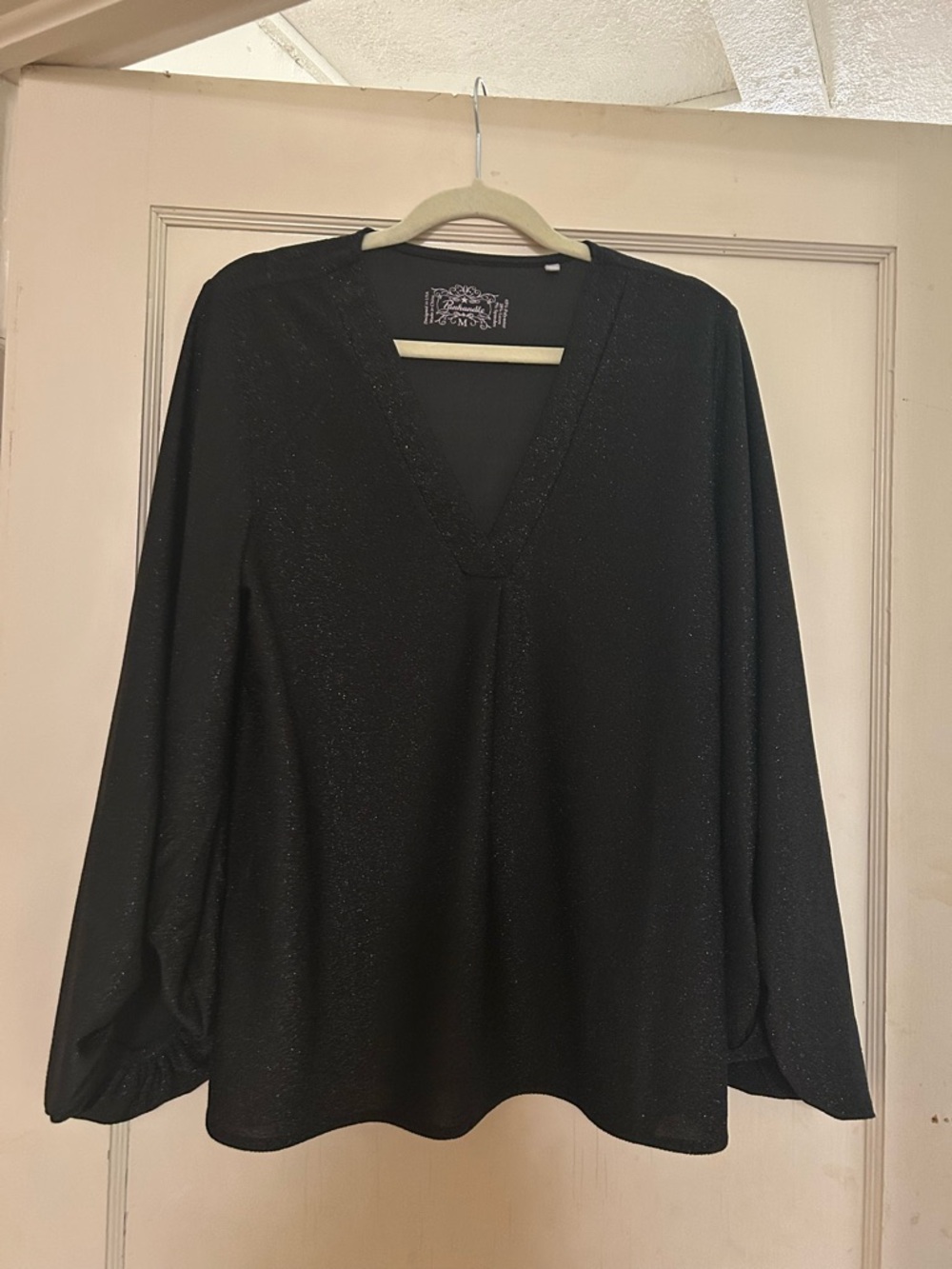 Sparkle V-Neck Long Sleeve Blouse - Black